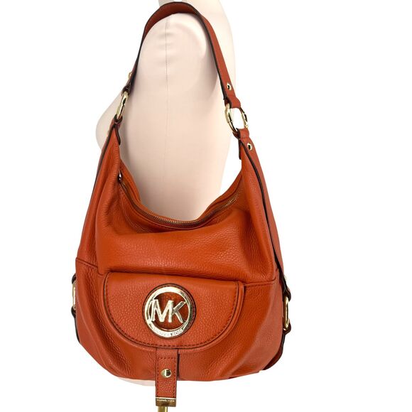 MICHAEL KORS Fulton Large Hobo Bag Orange Pebble Leather Purse Gold Plated Logo - Picture 2 of 15